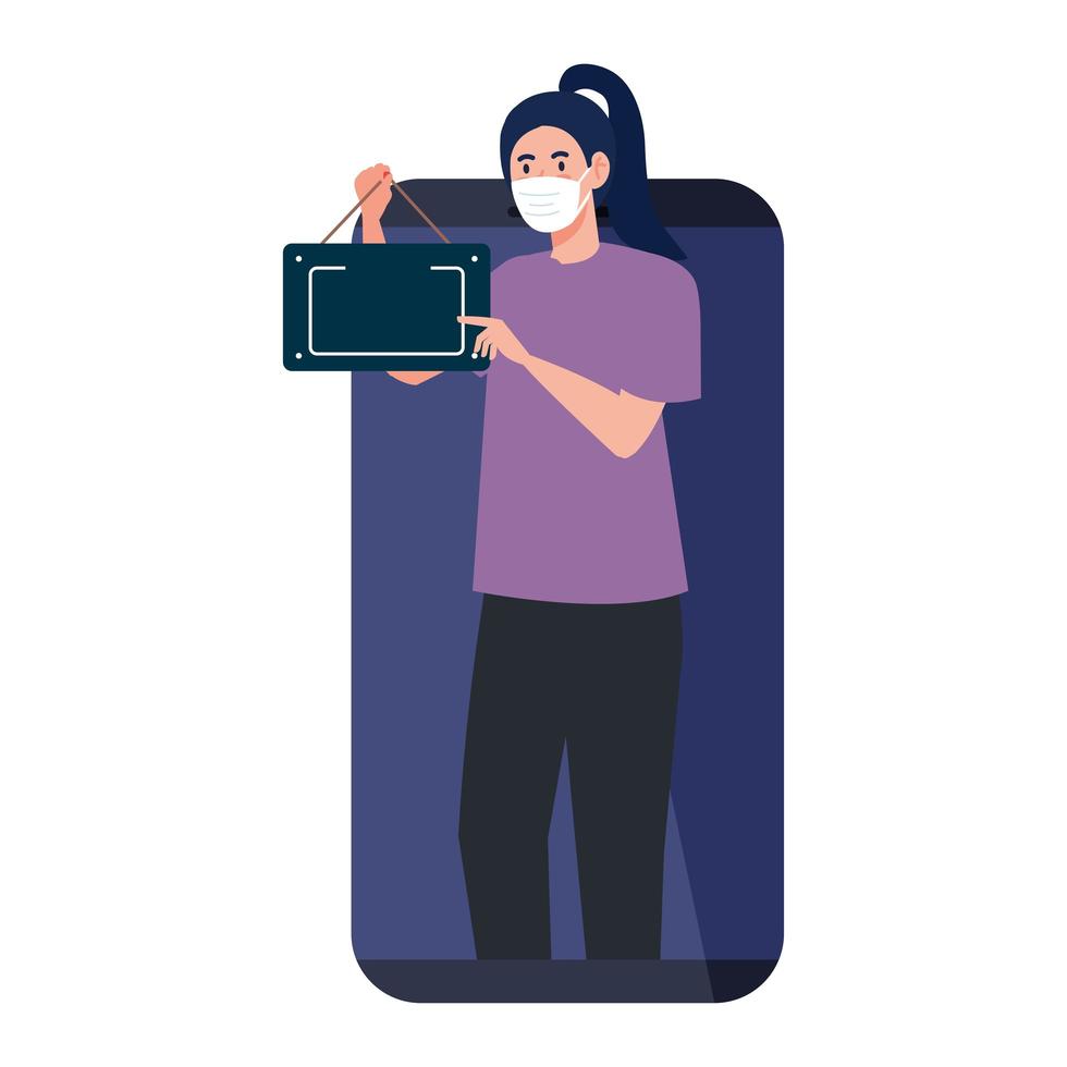 shopping online on website or mobile, woman wearing medical mask against covid 19 with sign hanging in smartphone vector