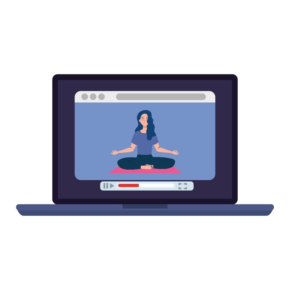 online, yoga concept, woman practices yoga and meditation, watching a broadcast on a laptop computer vector