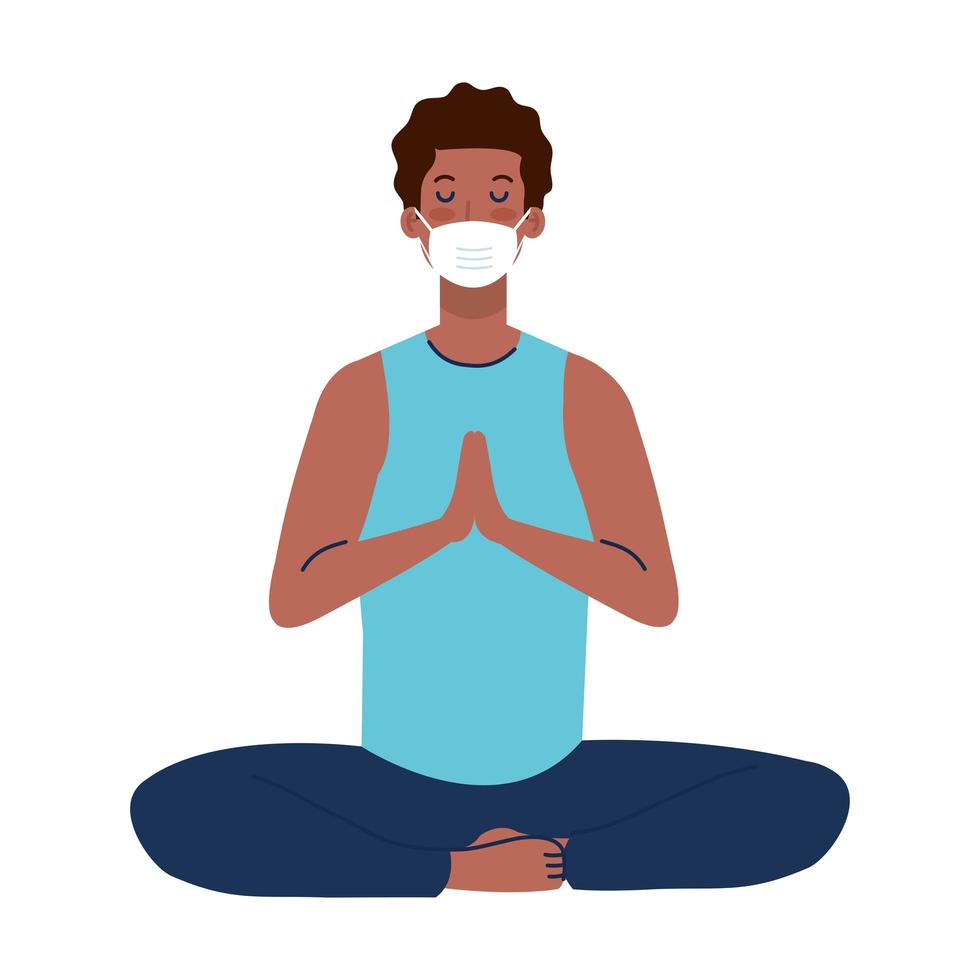 Man doing yoga and meditating wearing medical mask  vector