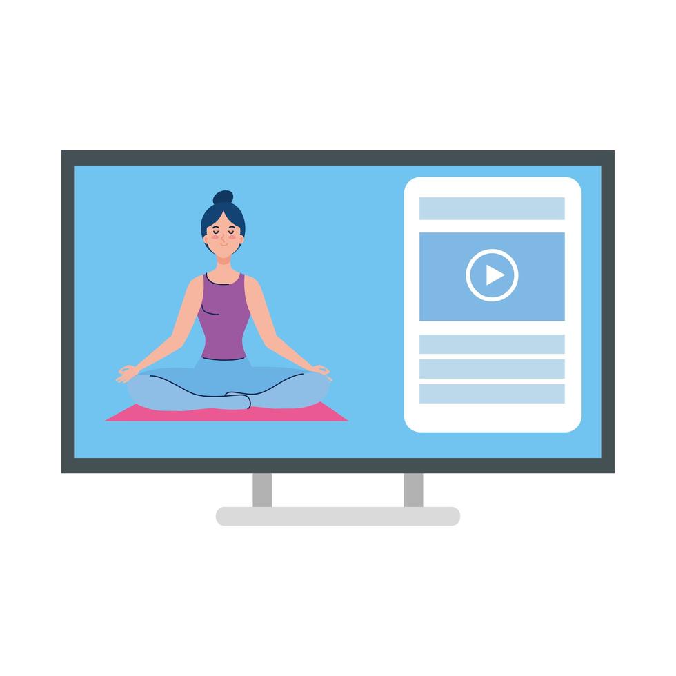 en línea, concepto de yoga, la mujer practica yoga y meditación, viendo una transmisión en una computadora vector