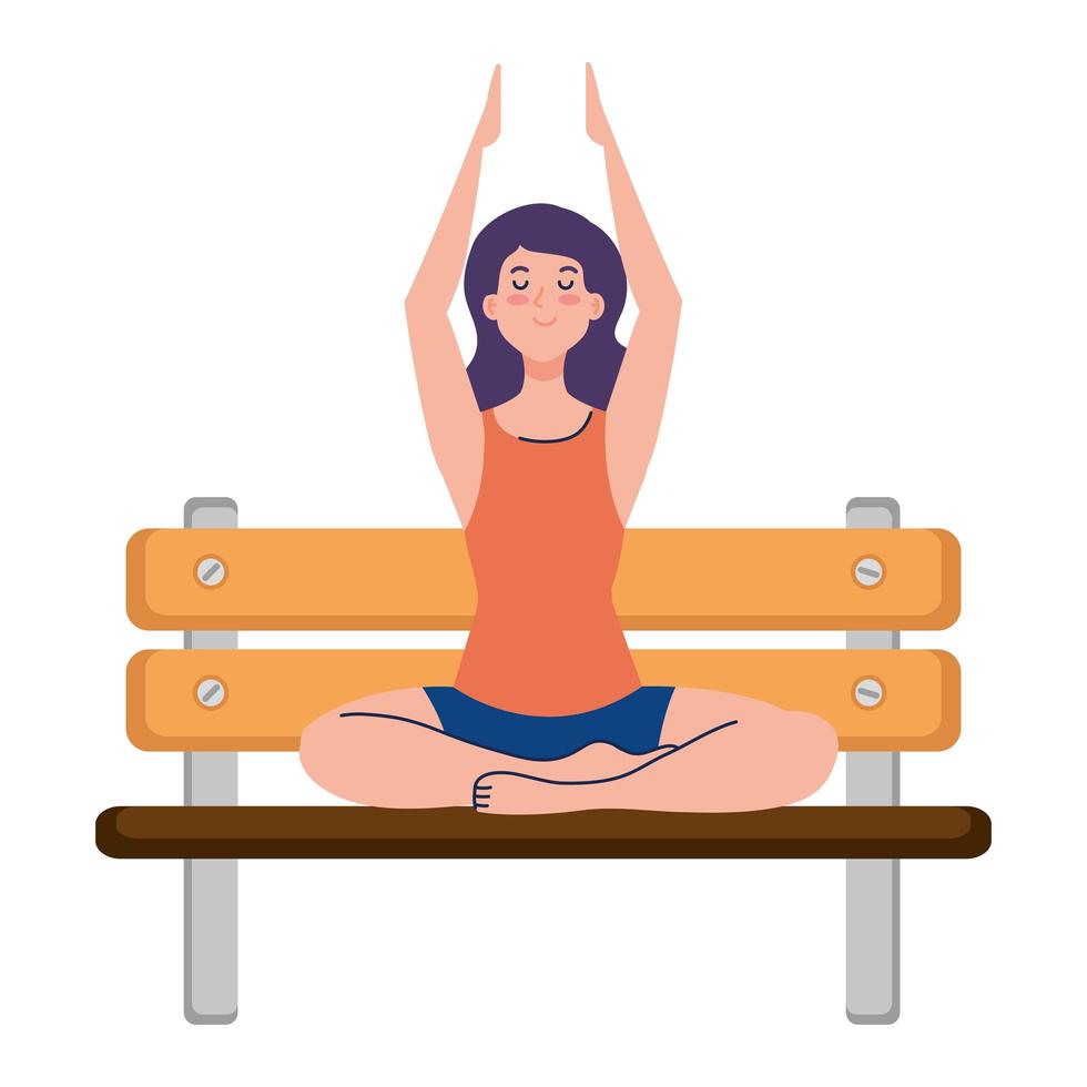 Mujer meditando sentada en la silla de madera del parque, concepto de yoga, meditación, relajación, estilo de vida saludable vector