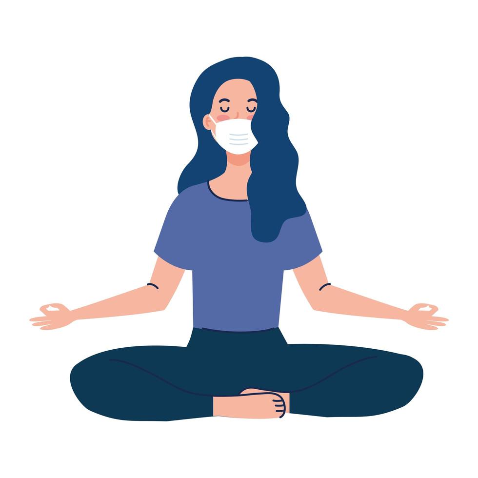 Mujer meditando con máscara médica contra el covid 19, concepto de yoga, meditación, relajación, estilo de vida saludable vector