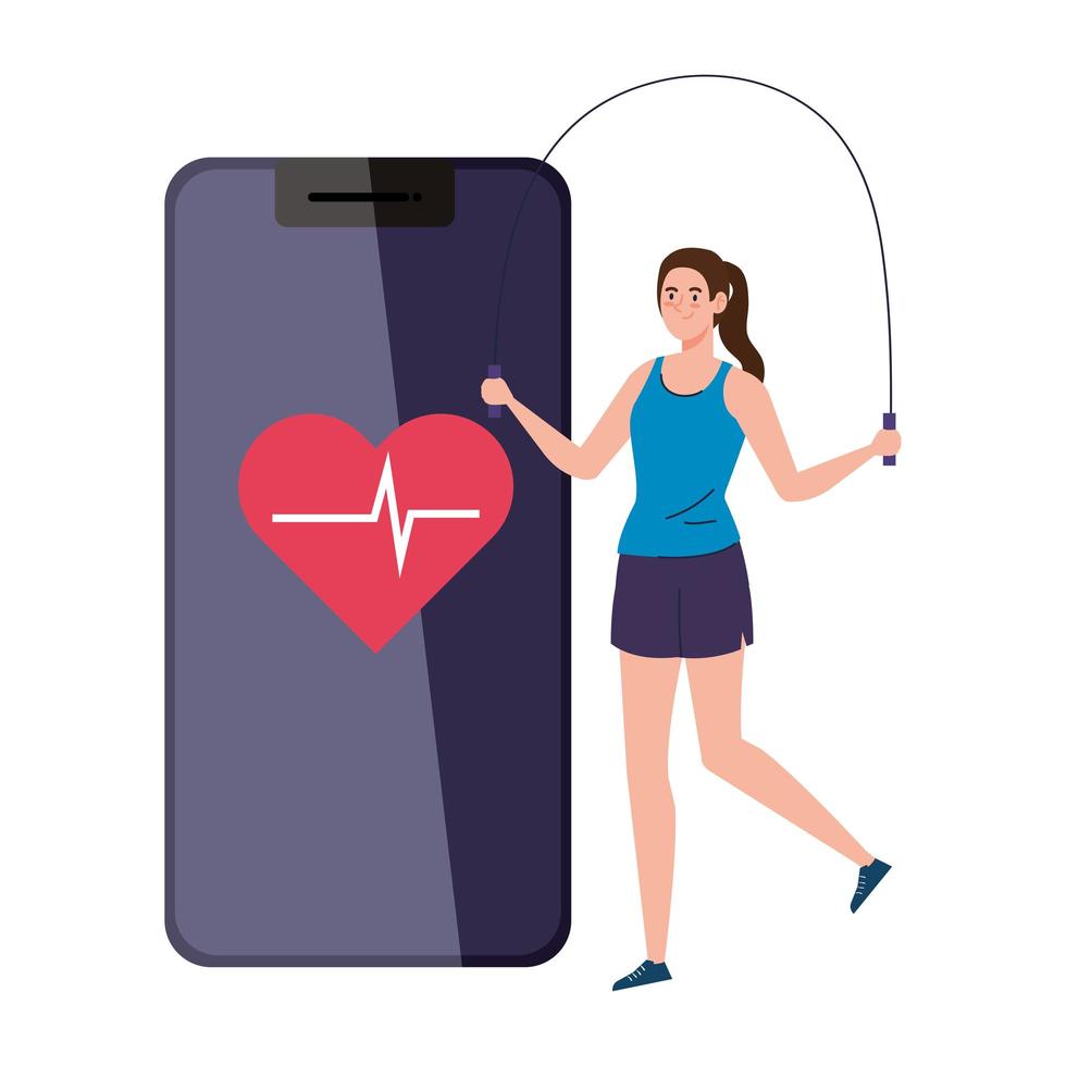 fitness, training and workout app, woman practicing sport in smartphone, sport online vector