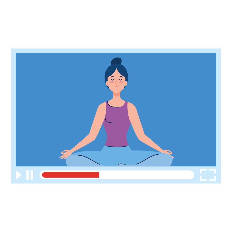 online, yoga concept, woman practices yoga and meditation, watching a broadcast on a web page vector