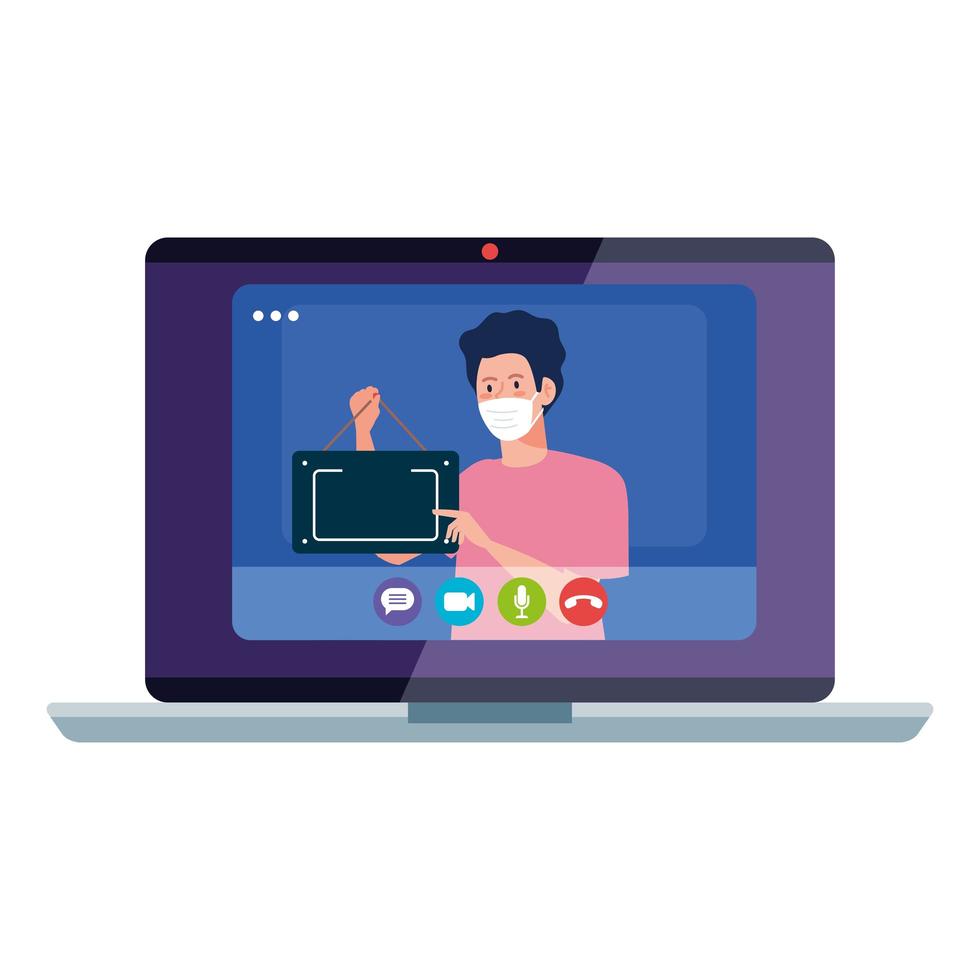 shopping online on website or mobile, man wearing medical mask against covid 19 with sign hanging in laptop vector