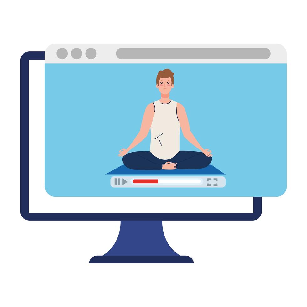 online, yoga concept, man practices yoga and meditation, watching a broadcast on a computer vector