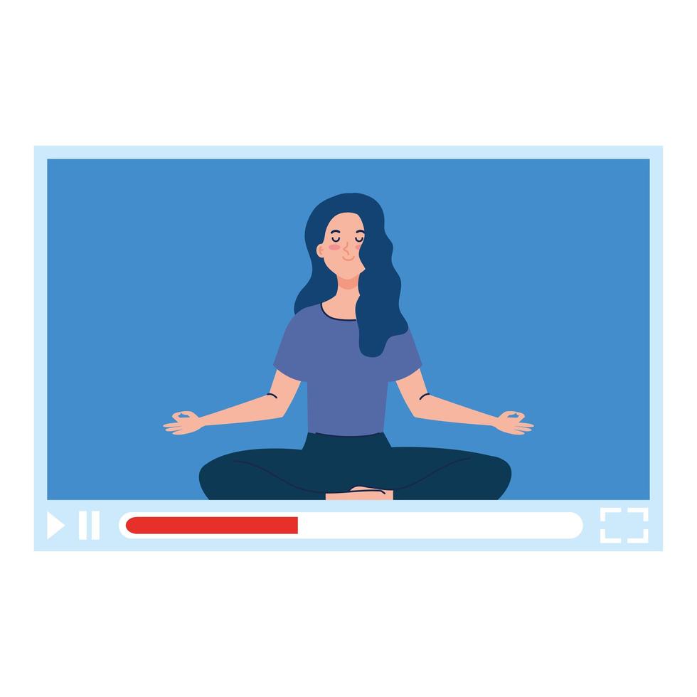 online, yoga concept, woman practices yoga and meditation, watching a broadcast on a web page vector