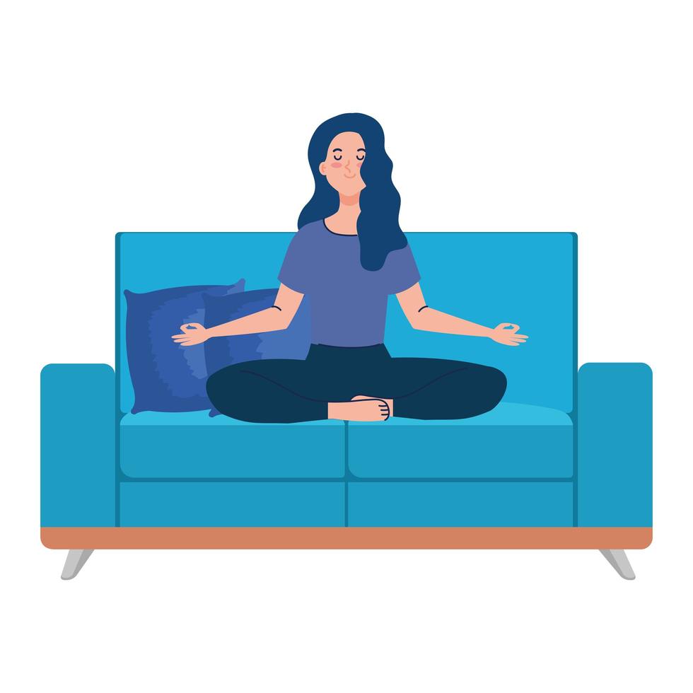 Mujer meditando sentada en el sofá, concepto de yoga, meditación, relajación, estilo de vida saludable vector