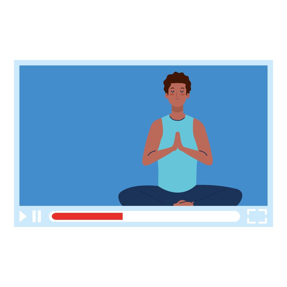 online, yoga concept, man afro practices yoga and meditation, watching a broadcast on a web page vector