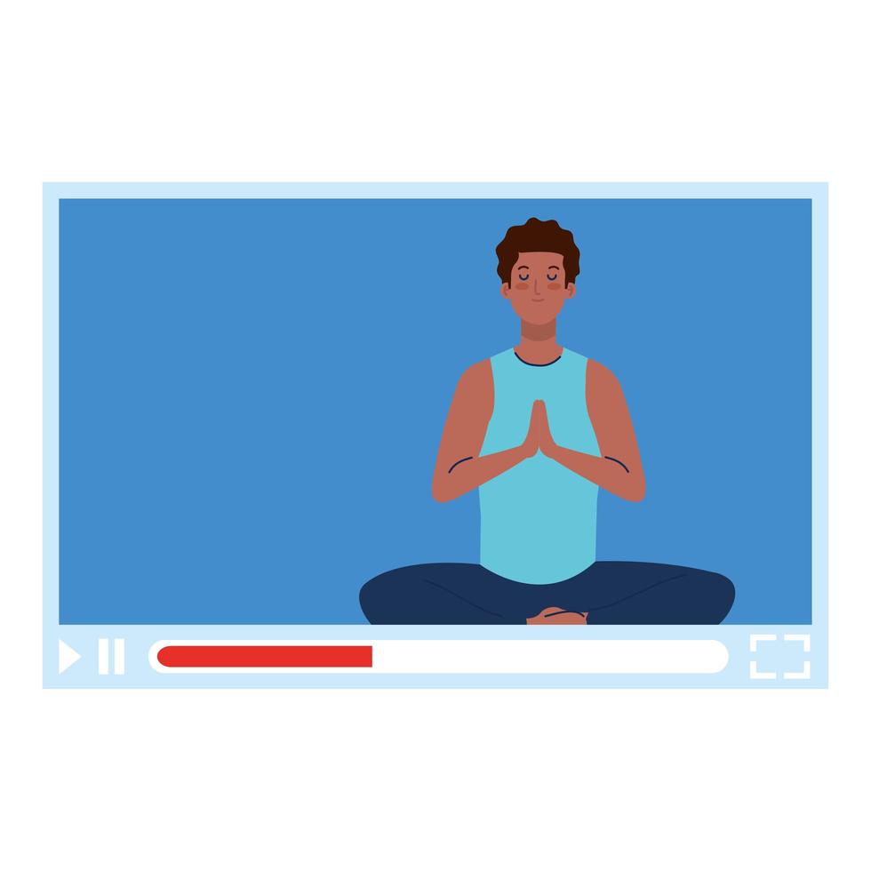 en línea, concepto de yoga, hombre afro practica yoga y meditación, viendo una transmisión en una página web vector