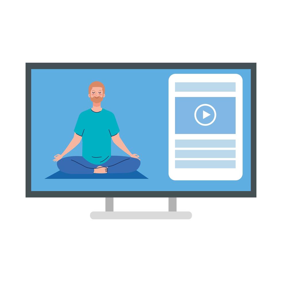 online, yoga concept, man practices yoga and meditation, watching a broadcast on a computer vector