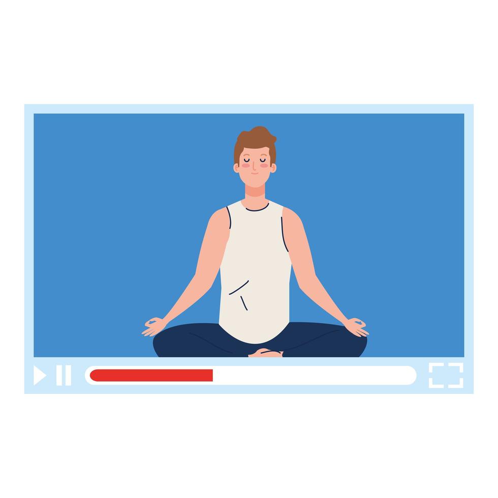 en línea, concepto de yoga, el hombre practica yoga y meditación, viendo una transmisión en una página web vector