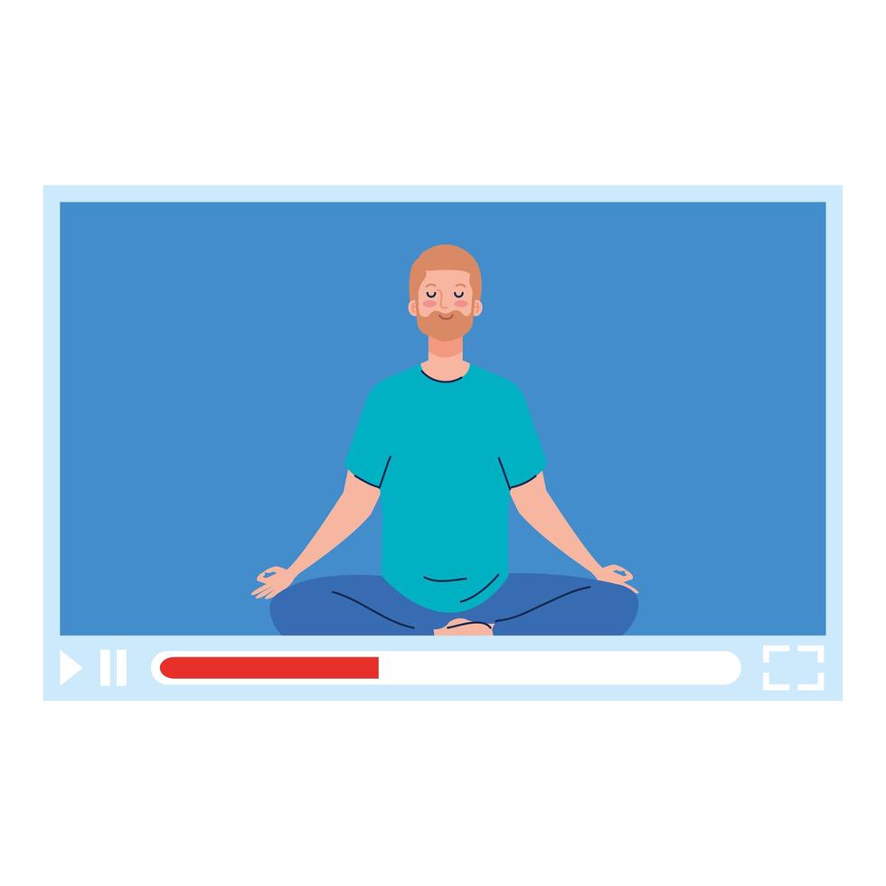 online, yoga concept, man practices yoga and meditation, watching a broadcast on a web page vector