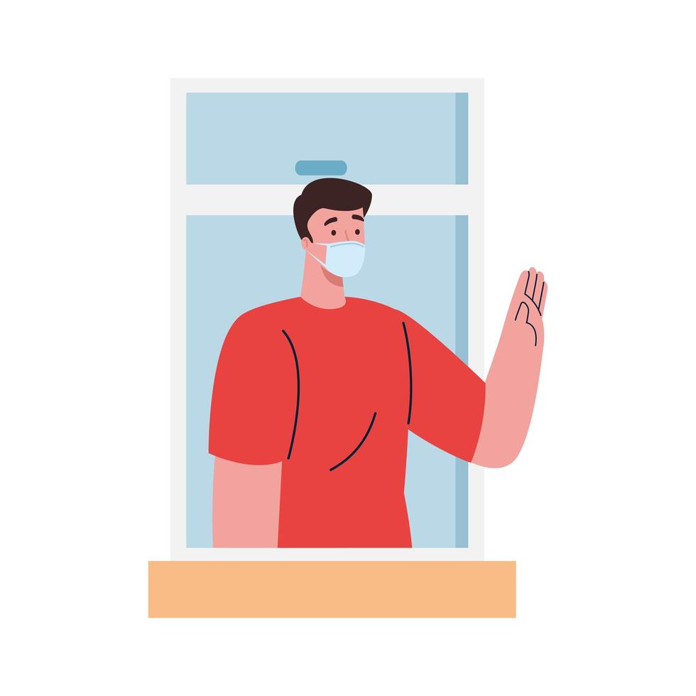 stay home,window, man wearing medical mask, look out of home, self isolation, social distancing, keep distance, quarantine due of coronavirus, covid 19 vector