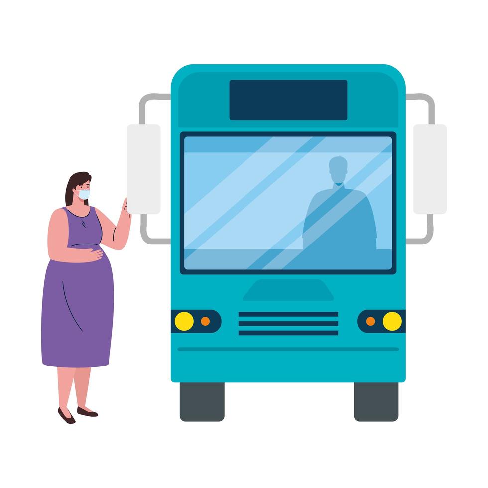 social distancing with woman wearing medical mask in bus station, city community transport with diverse commuters together, prevention coronavirus covid 19 vector