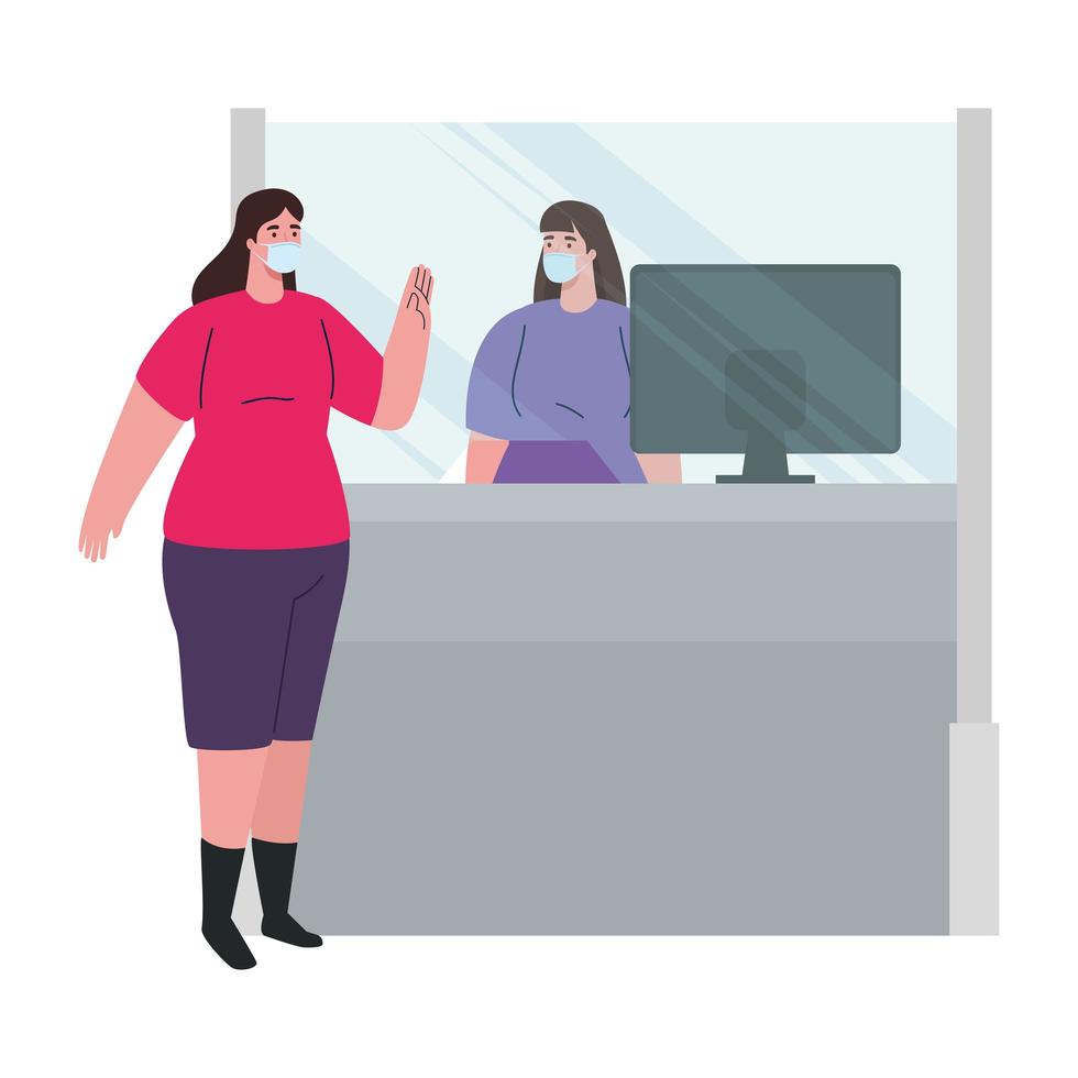 social distancing, keep distance, female worker in attending of woman, protect from coronavirus covid 19 vector