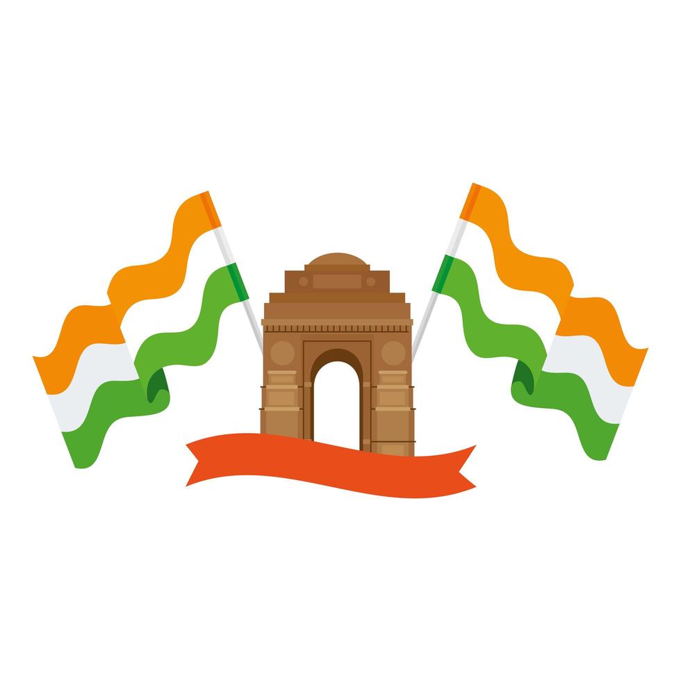 india gate, famous monument with flags of india and ribbon vector