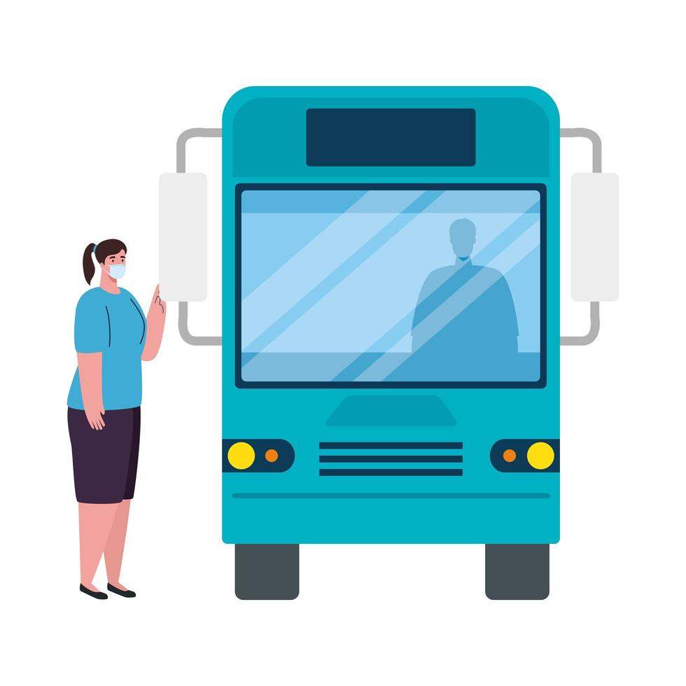 social distancing with woman wearing medical mask in bus station, city community transport with diverse commuters together, prevention coronavirus covid 19 vector