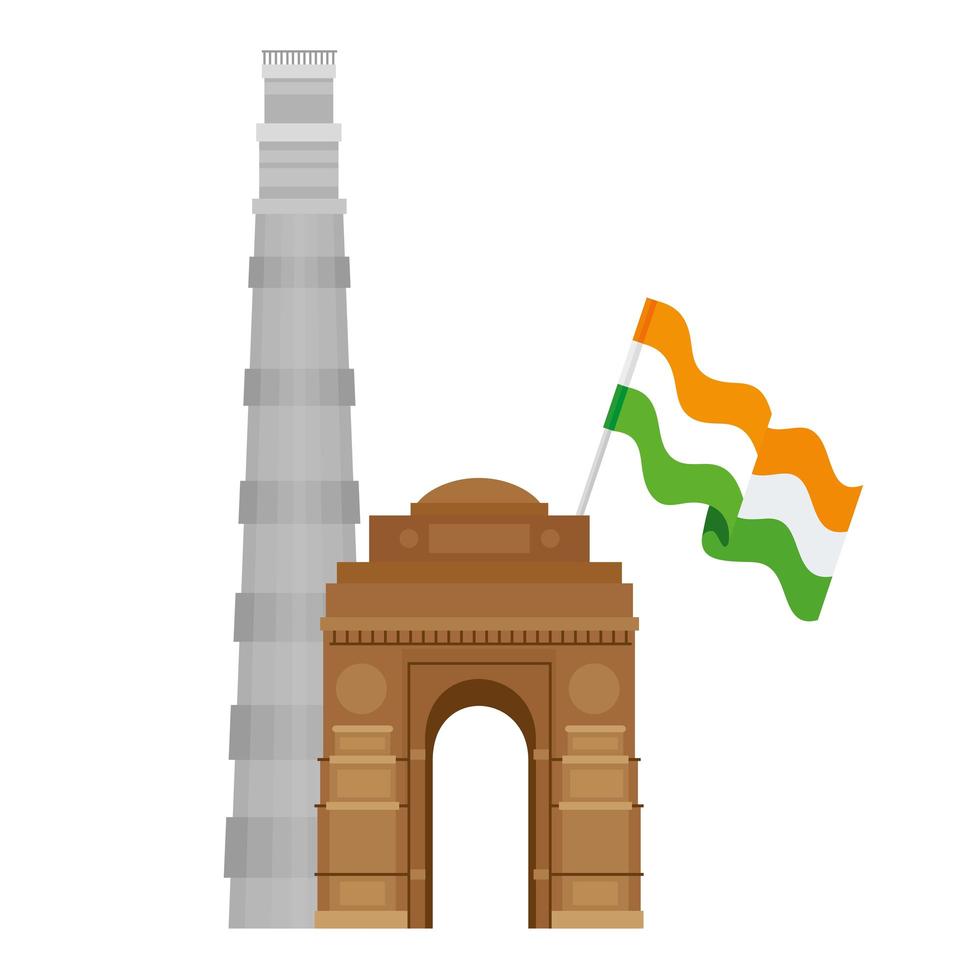 Puerta de la India con los monumentos famosos de Qutub Minar y la bandera de la India vector