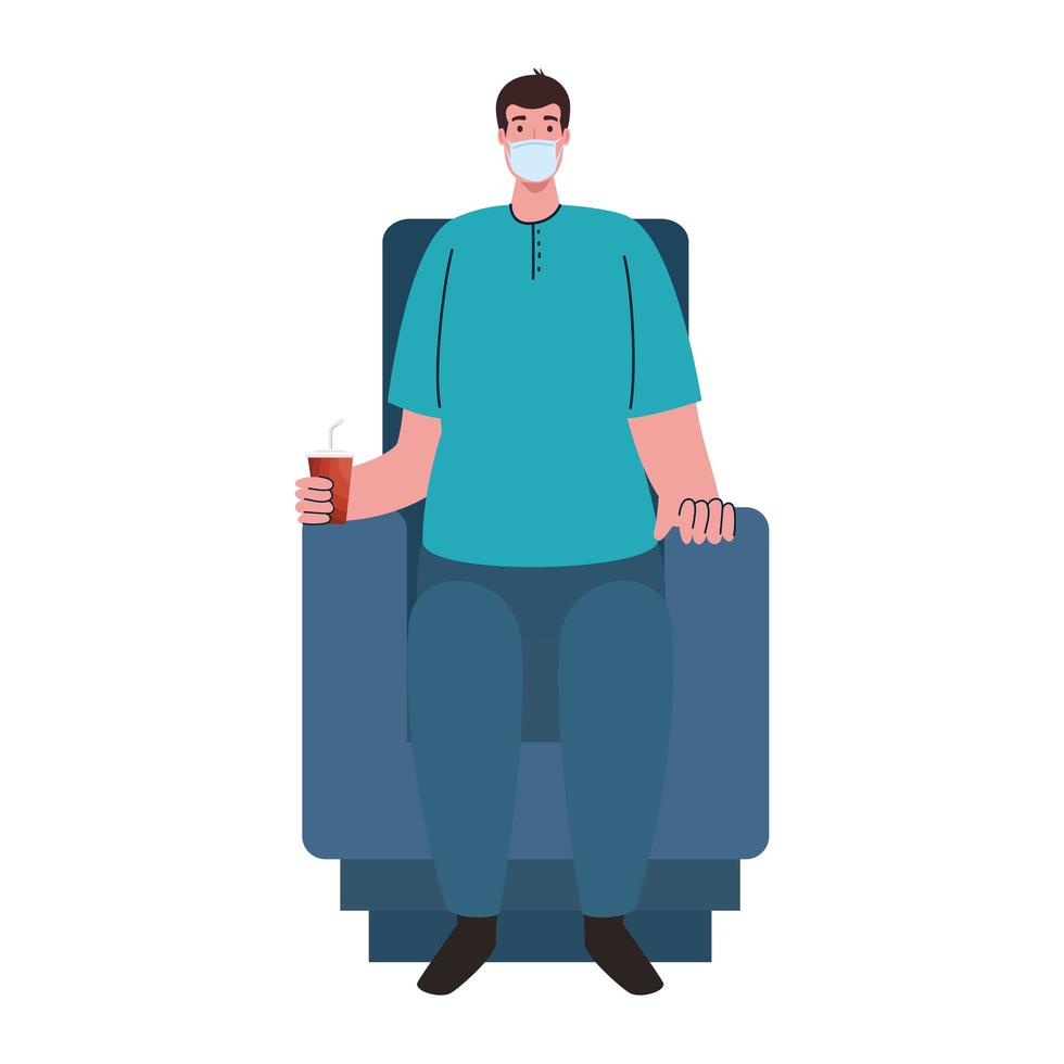 coronavirus prevention, man alone wearing medical mask, sitting in chair cinema vector