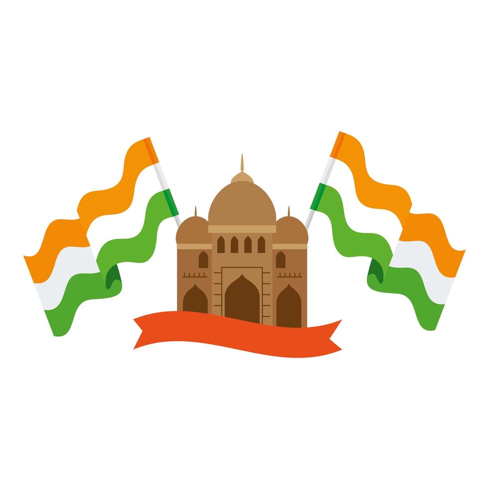 india mosque, famous monument of india with flags india and ribbon vector