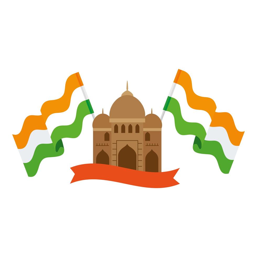 Mezquita de la India, famoso monumento de la India con banderas de la India y cinta vector