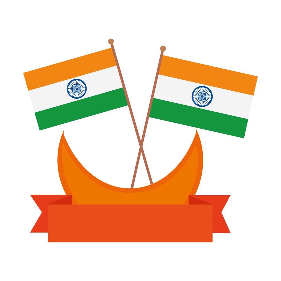 Banderas de la India con decoración de luna y cinta sobre fondo blanco. vector