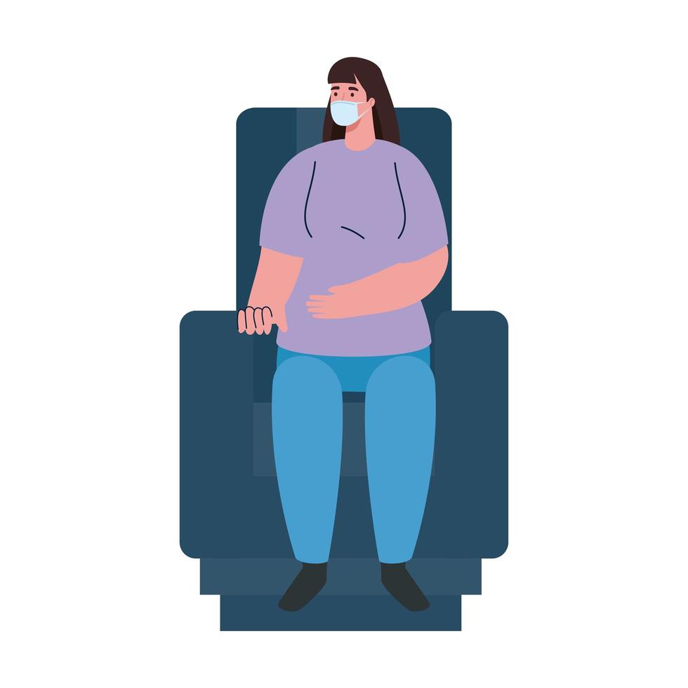 coronavirus prevention, woman alone wearing medical mask, sitting in chair cinema vector