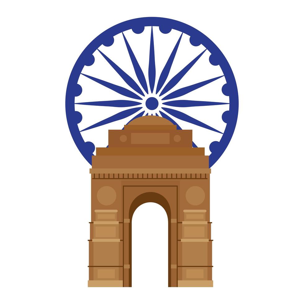 La puerta de la India, el famoso monumento con la rueda de ashoka azul indio vector