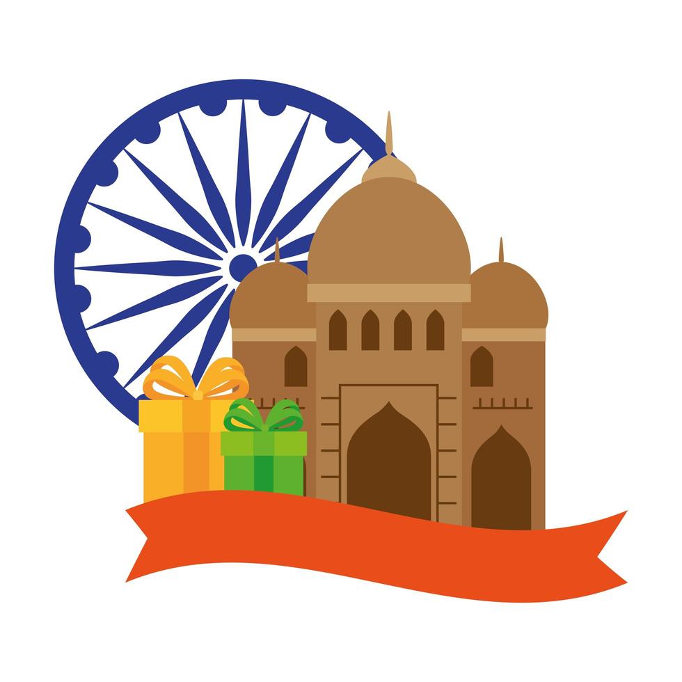 india mosque, famous monument with blue ashoka wheel indian and gift boxes vector
