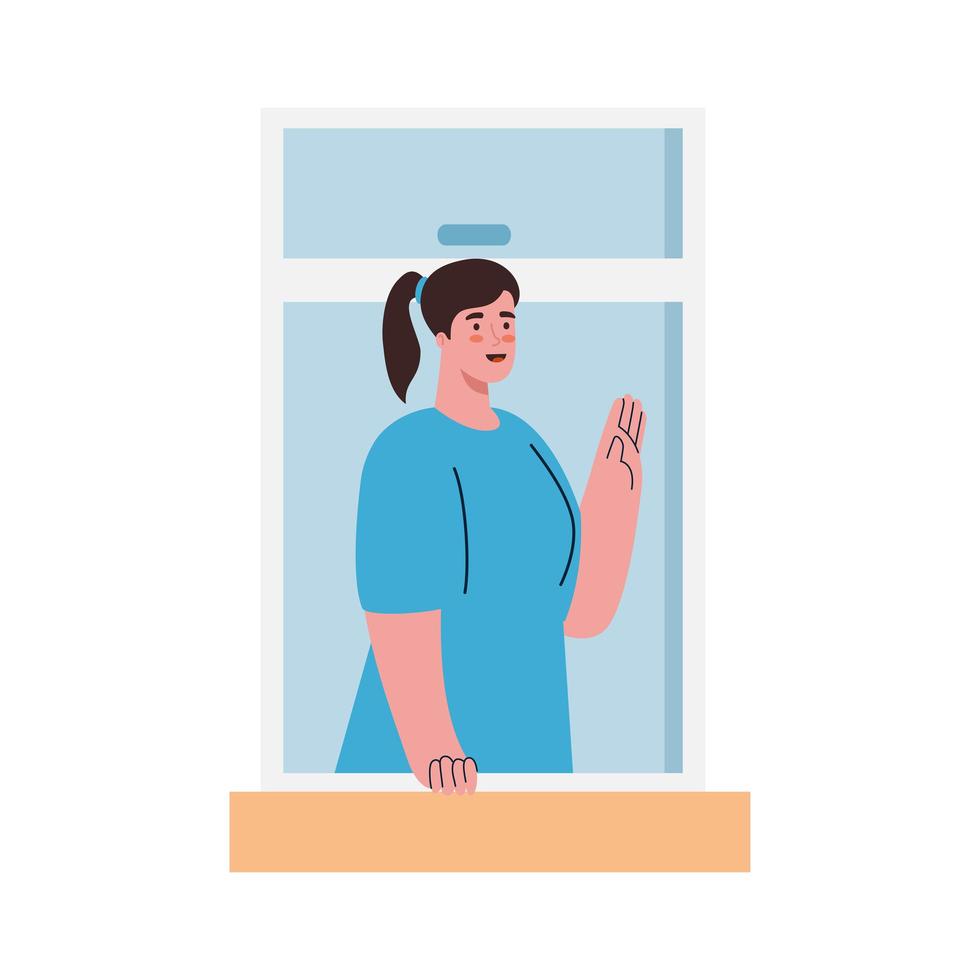stay home,window, woman look out of home, self isolation, social distancing, keep distance, quarantine due of coronavirus, covid 19 vector