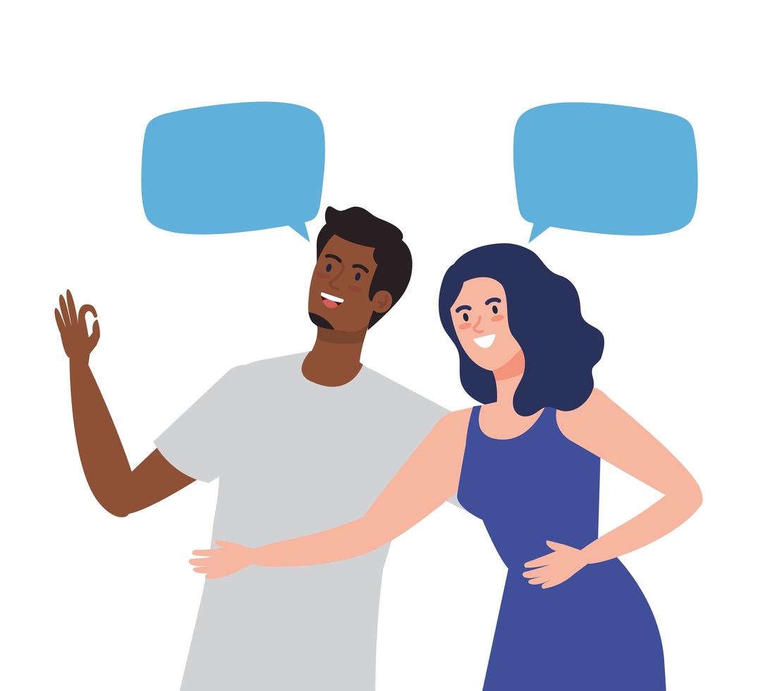 happy couple talking with speech bubbles, celebrating holiday vector