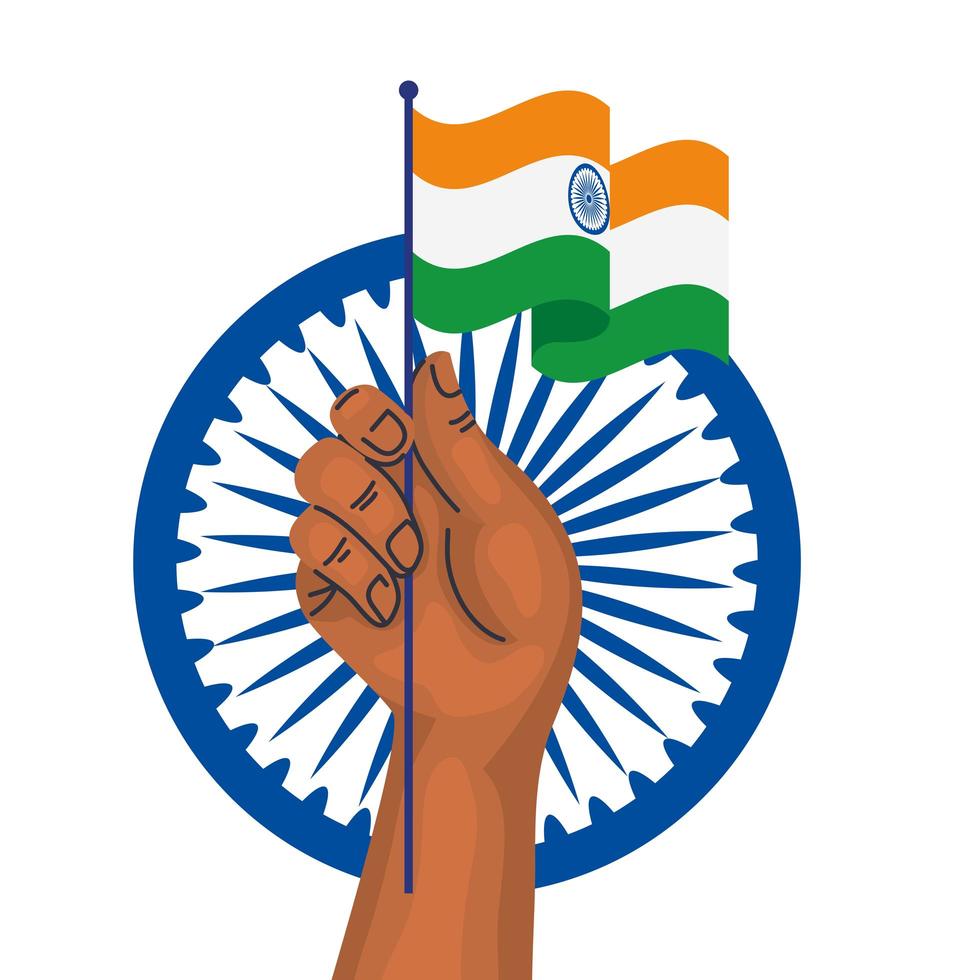 Mano con la bandera de la India y la rueda de Ashoka azul símbolo indio sobre fondo blanco. vector