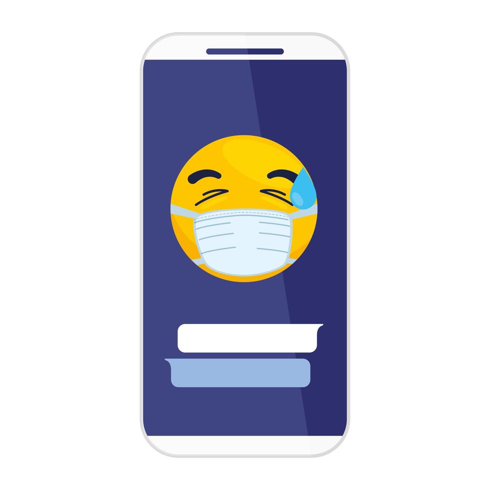 Smartphone y emoji con gota de sudor con máscara médica sobre fondo blanco. vector