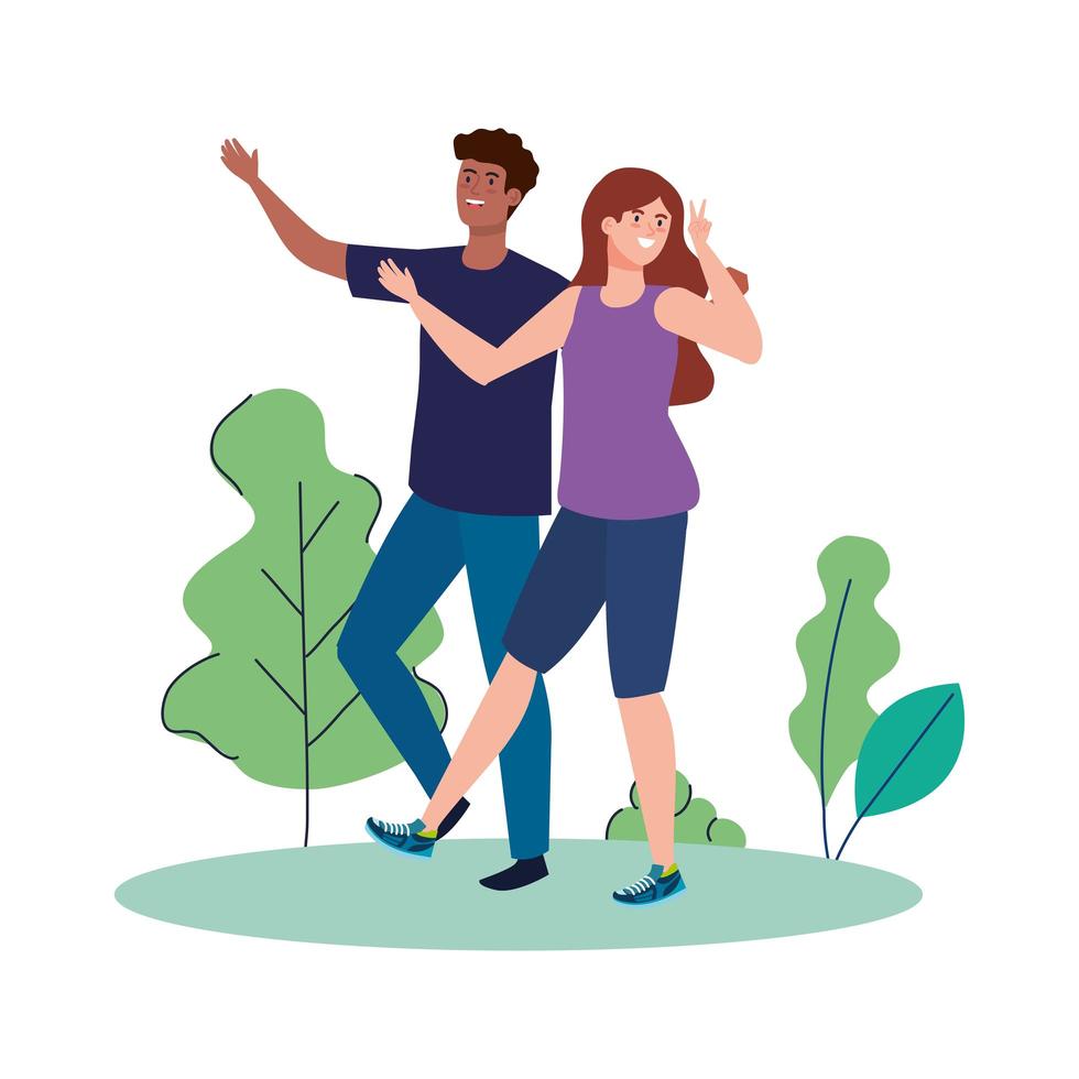 happy couple in landscape, healthy lifestyle, celebrating holiday vector