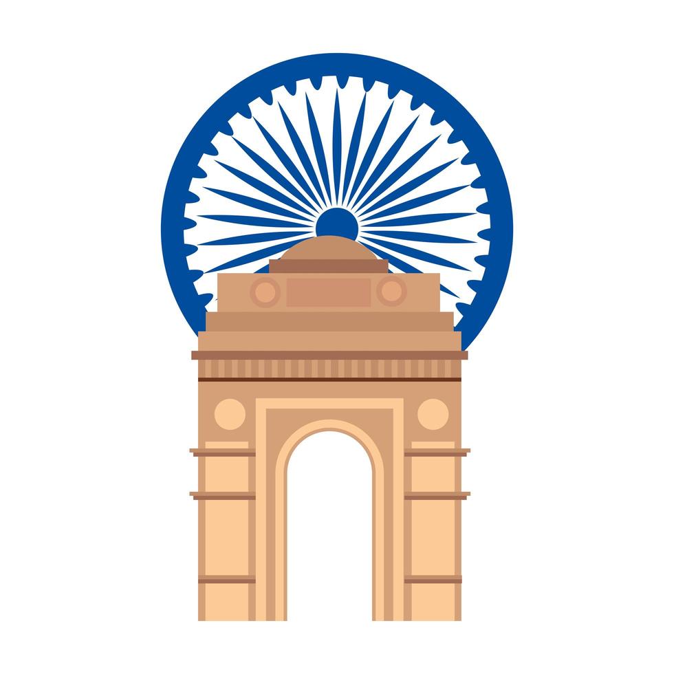 La puerta de la India, el famoso monumento con la rueda de ashoka azul indio vector
