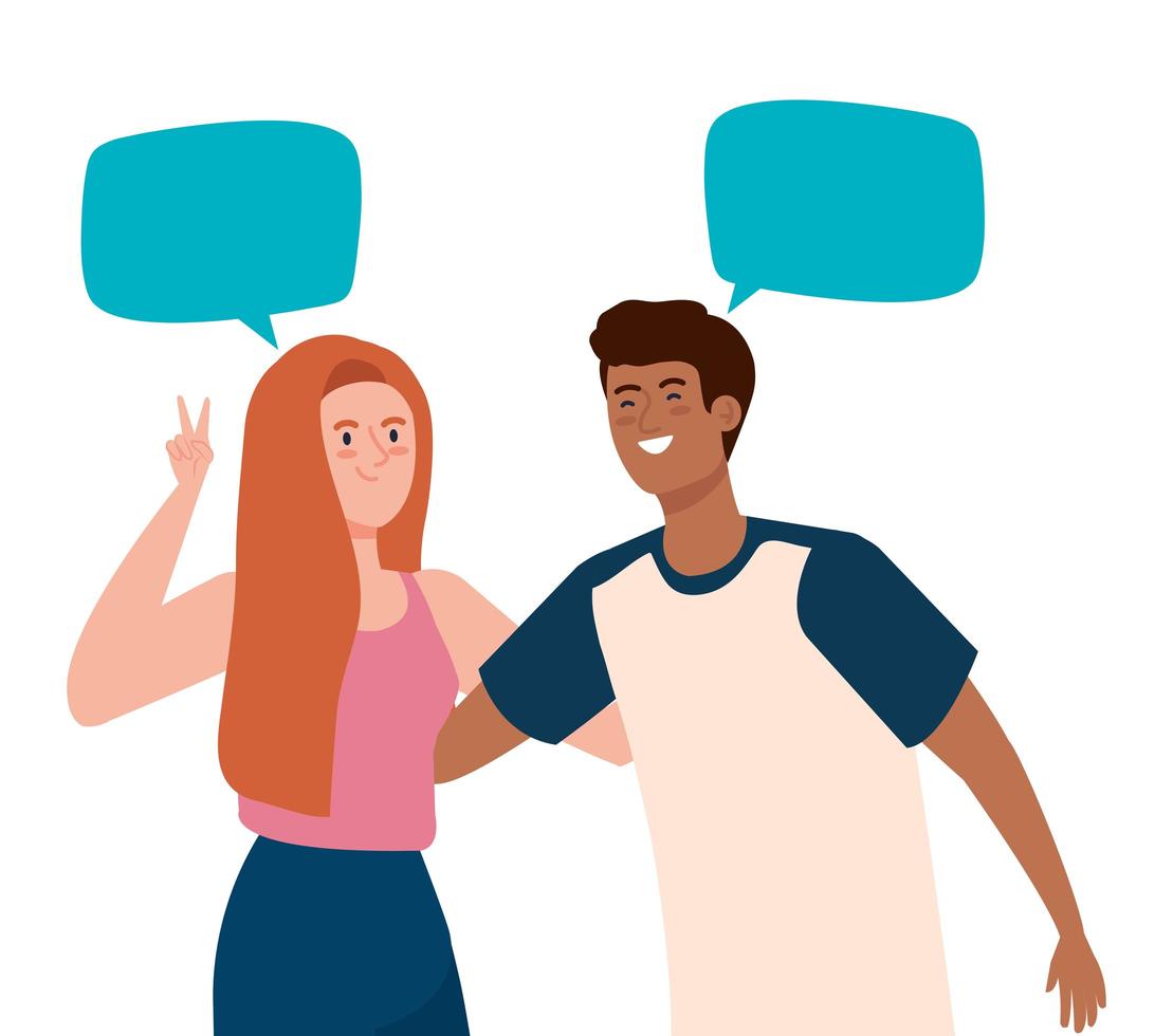 happy couple talking with speech bubbles, celebrating holiday vector