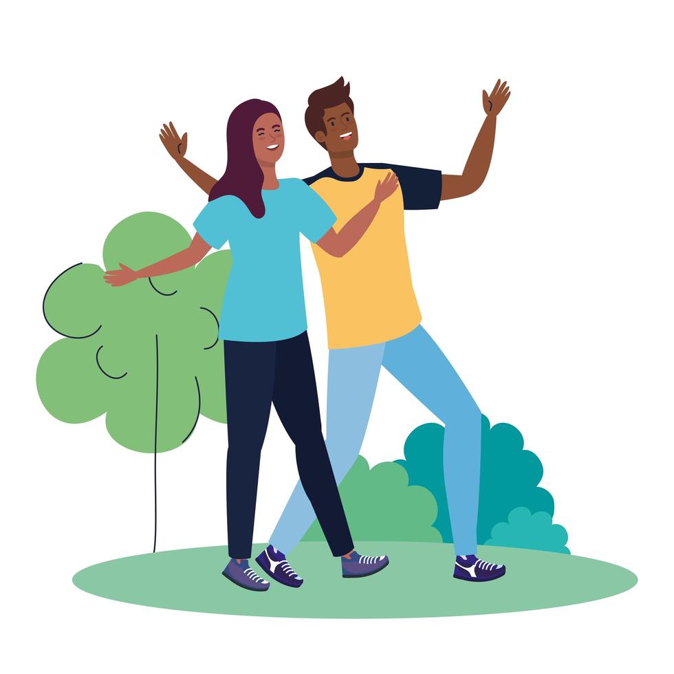 happy couple afro in landscape, healthy lifestyle, celebrating holiday vector