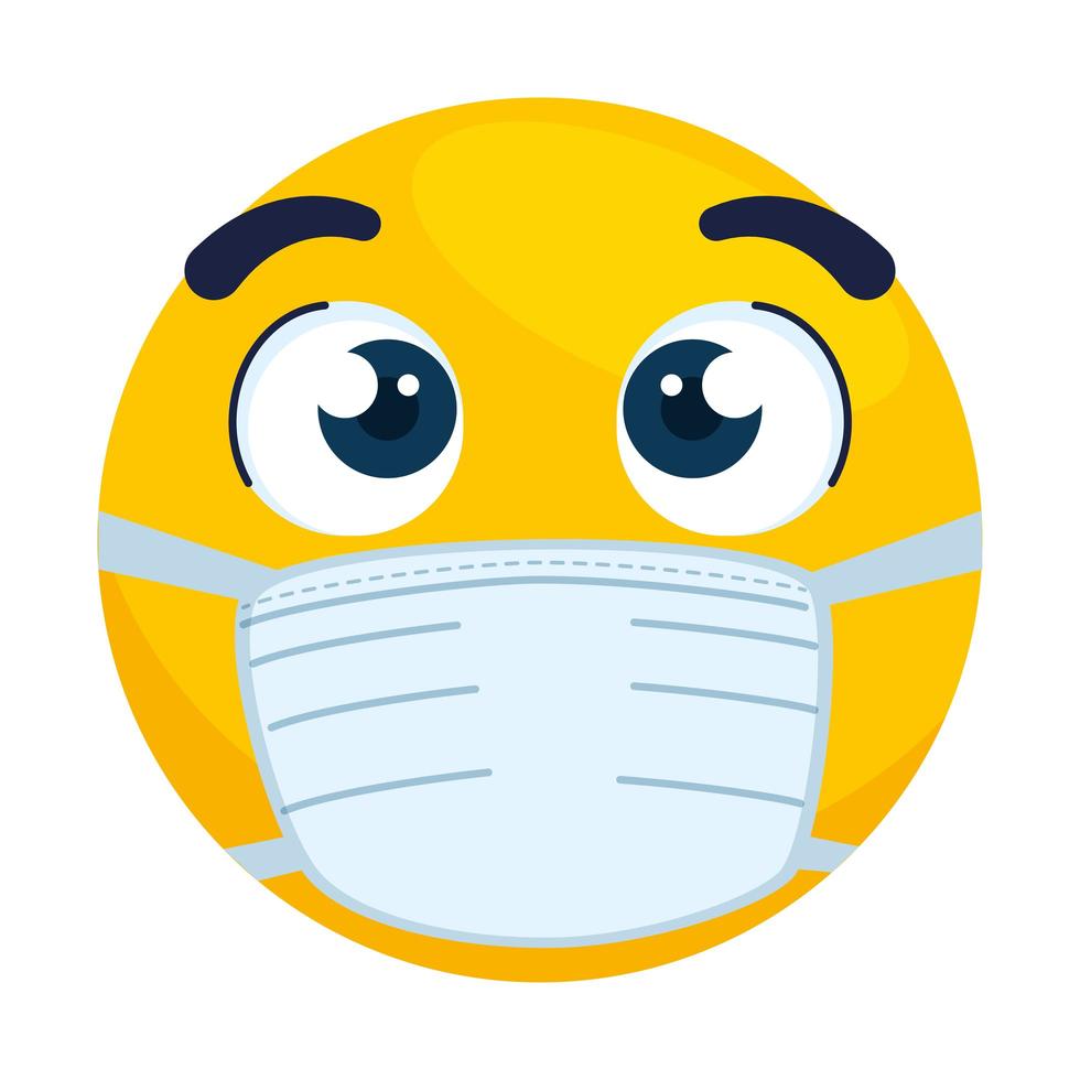 emoji con ojos abiertos con máscara médica, cara amarilla con ojos abiertos con icono de máscara quirúrgica blanca vector