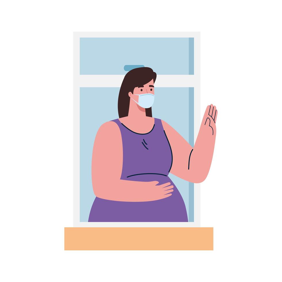 stay home,window, woman wearing medical mask look out of home, self isolation, social distancing, keep distance, quarantine due of coronavirus, covid 19 vector