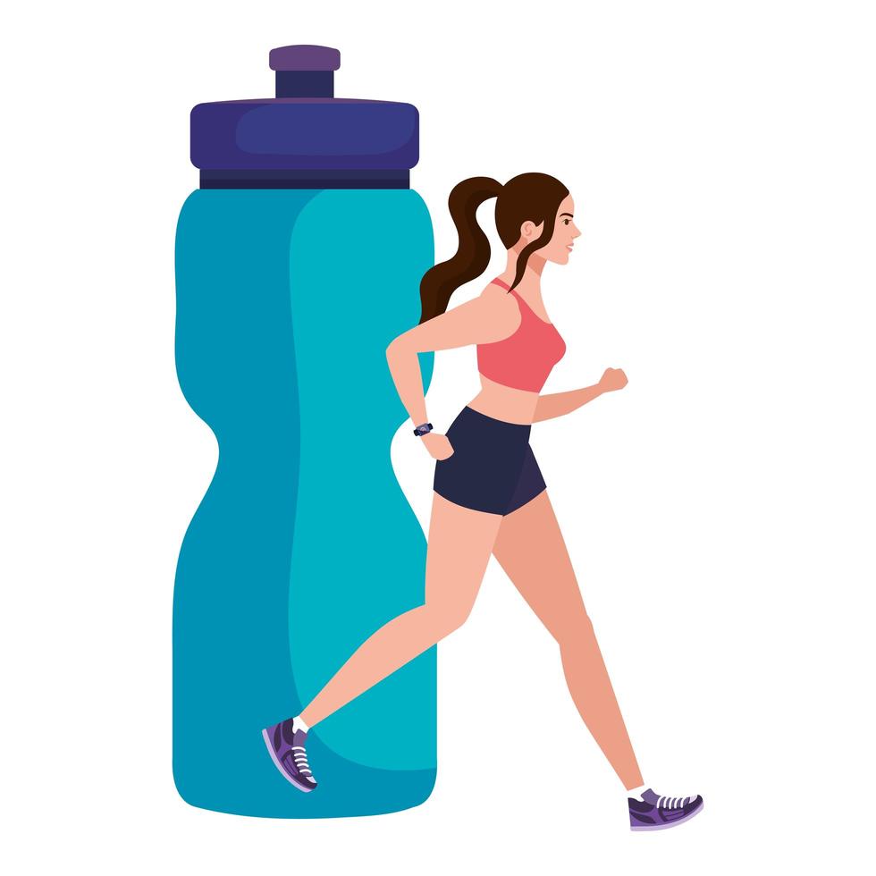 Mujer corriendo con fondo de botella de bebida de plástico, atleta femenina con botella de hidratación vector