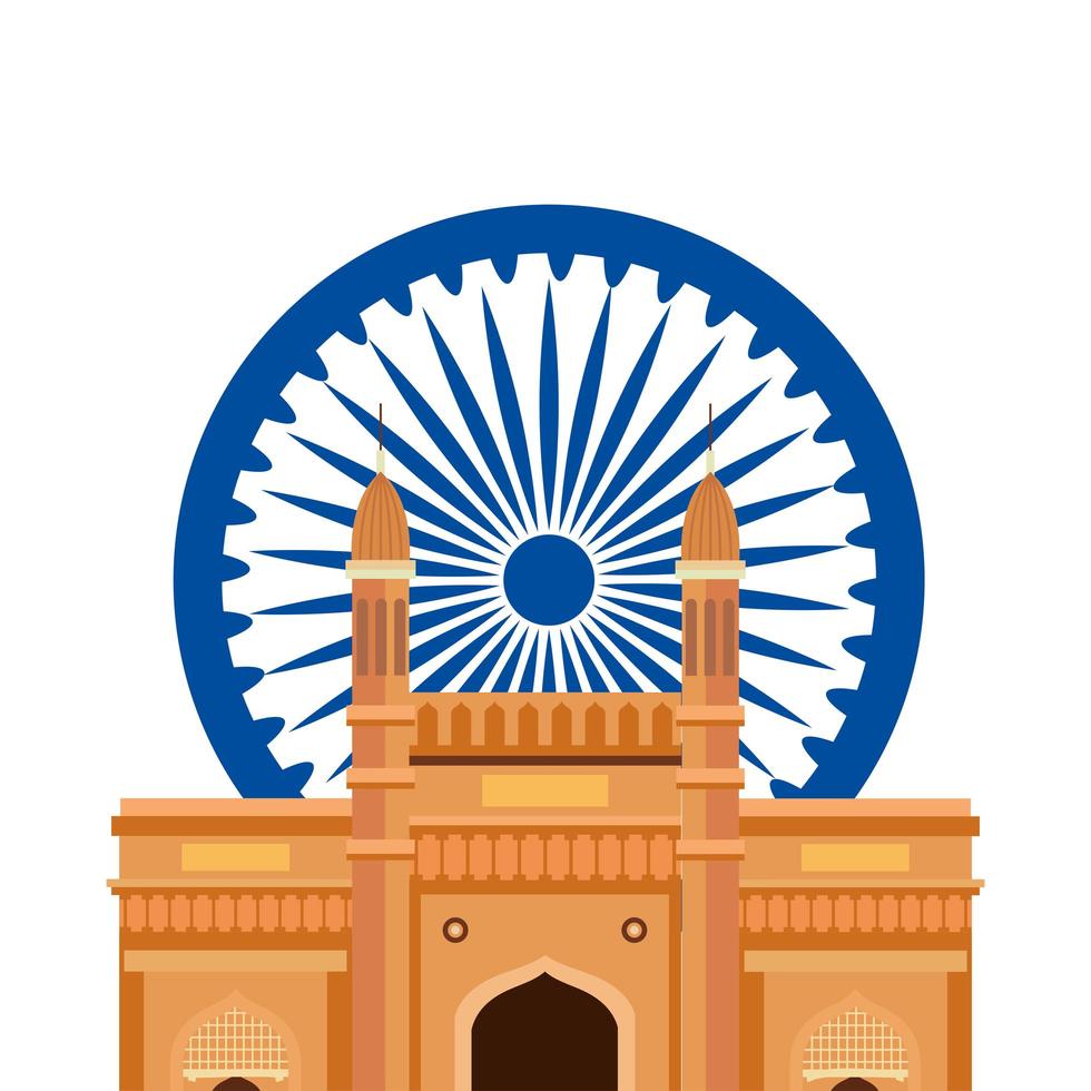 Gateway, famoso monumento con símbolo indio de la rueda de ashoka azul vector