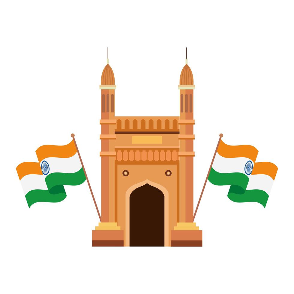 gateway, famous monument with flags of india on white background vector