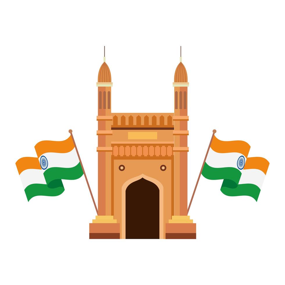 gateway, famous monument with flags of india on white background vector