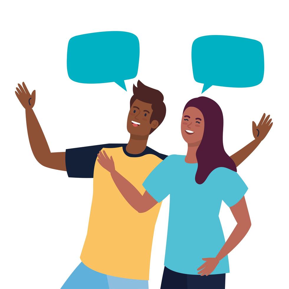 happy couple talking with speech bubbles, celebrating holiday vector