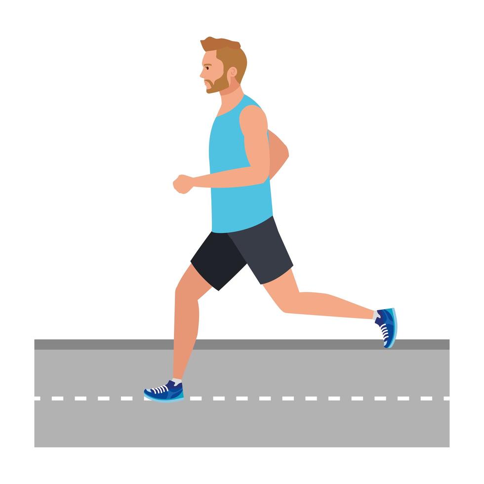 man running on highway, man in sportswear jogging, male athlete on white background vector