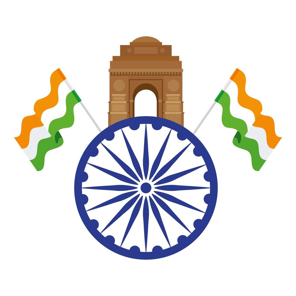 india gate, famous monument with blue ashoka wheel and indian flags vector