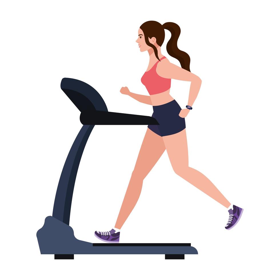 sport, woman running on treadmill, sport person at the electrical training machine on white background vector