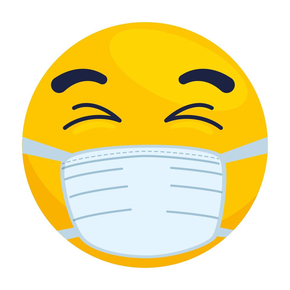 emoji with eyes closed wearing medical mask, yellow face with eyes closed using white surgical mask icon vector