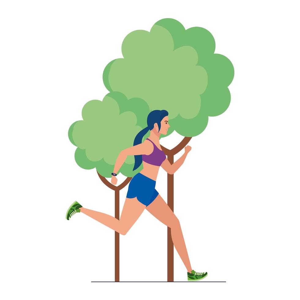 Mujer corriendo en la naturaleza, mujer en ropa deportiva trotar con planta de árbol sobre fondo blanco. vector
